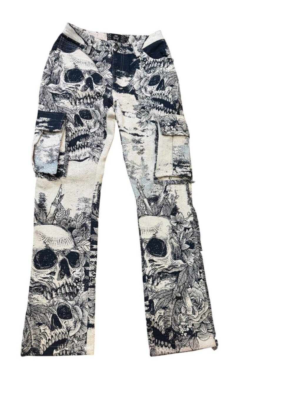 Rebel Xtreme Goth Skull Graphic Print Cargo Pants Beige & Black Denim Sz 28 EUC